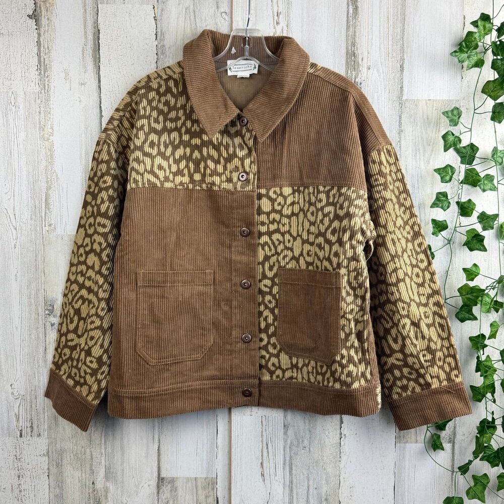 Leopard Contrast Button Down Corduroy Jacket- Mocha size small